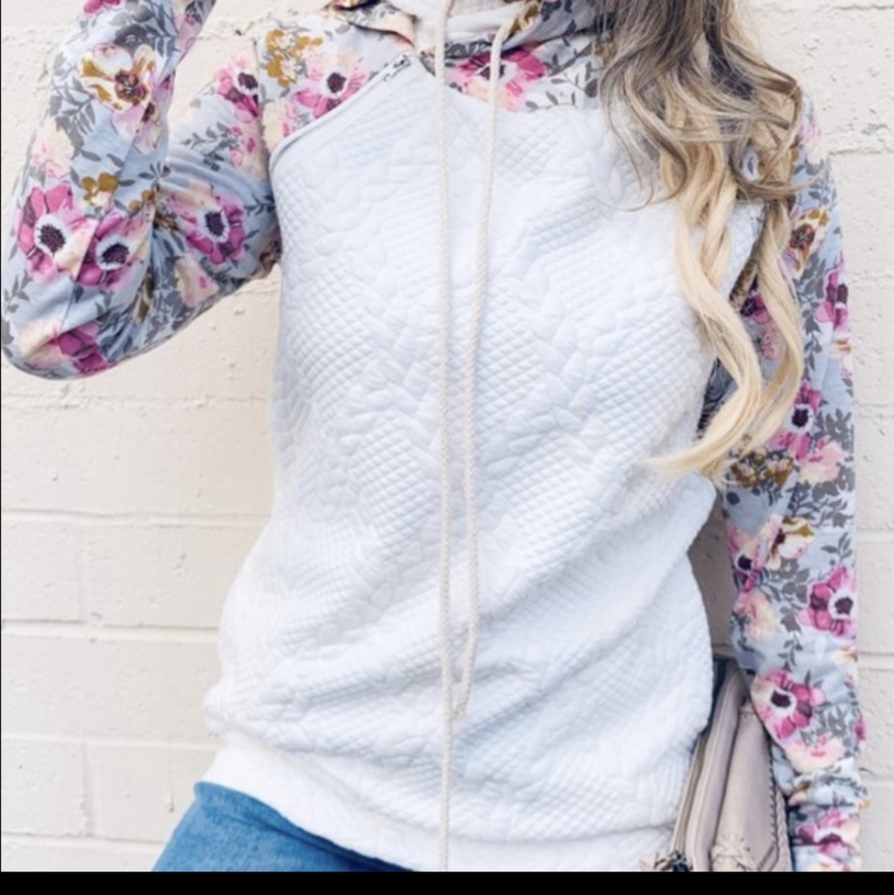 Double Hooded floral Hoodie with Floral Sleeves and Pockets